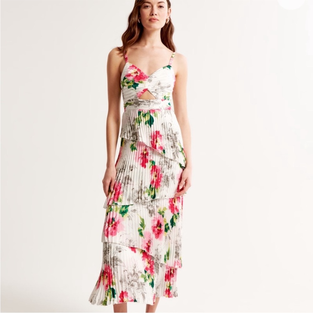 Abercrombie & Fitch Giselle Pleated Tiered Maxi Dress Satin White Floral XL TALL